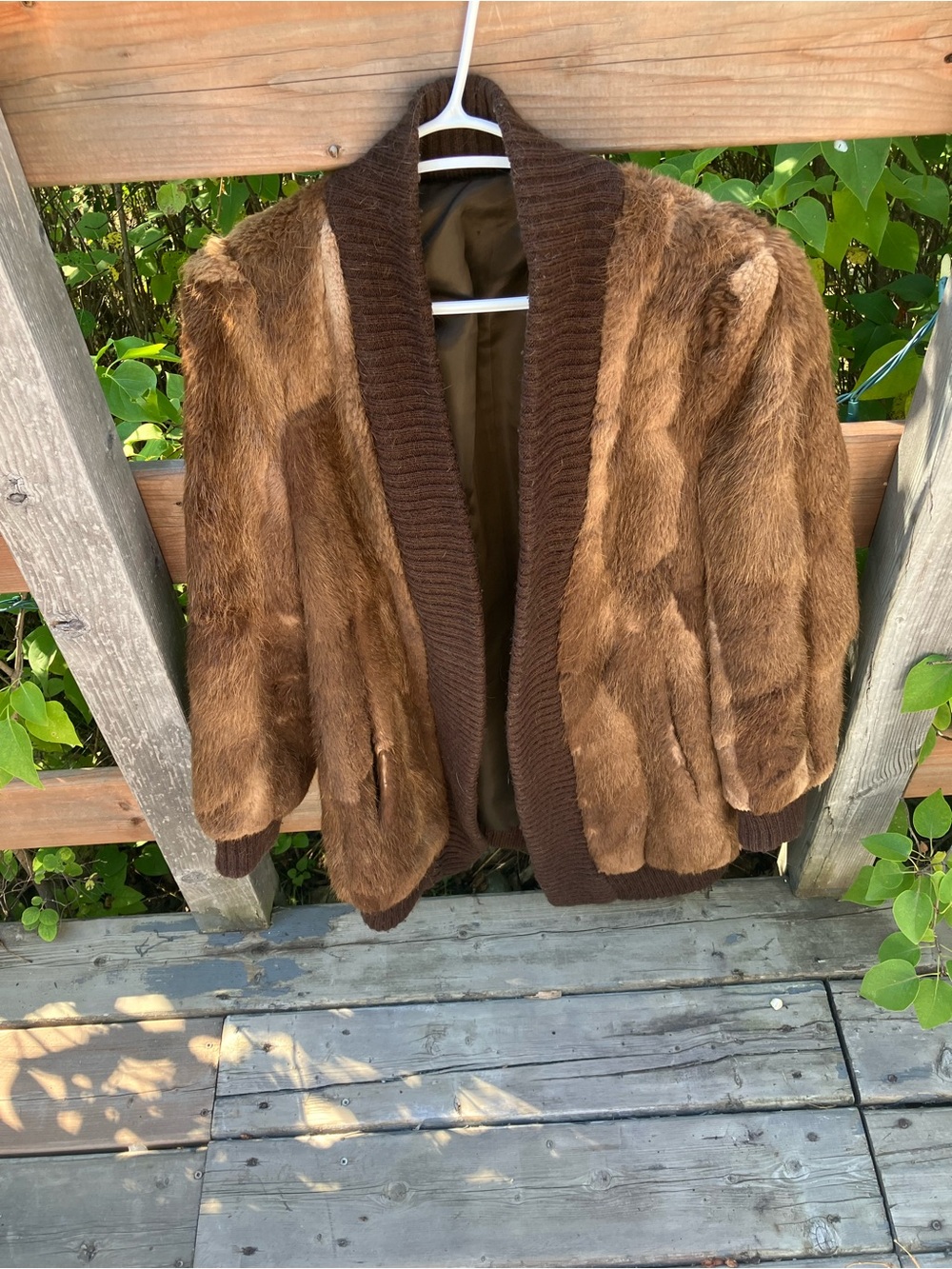Brown women real Fur Jacket with Knit Trim
